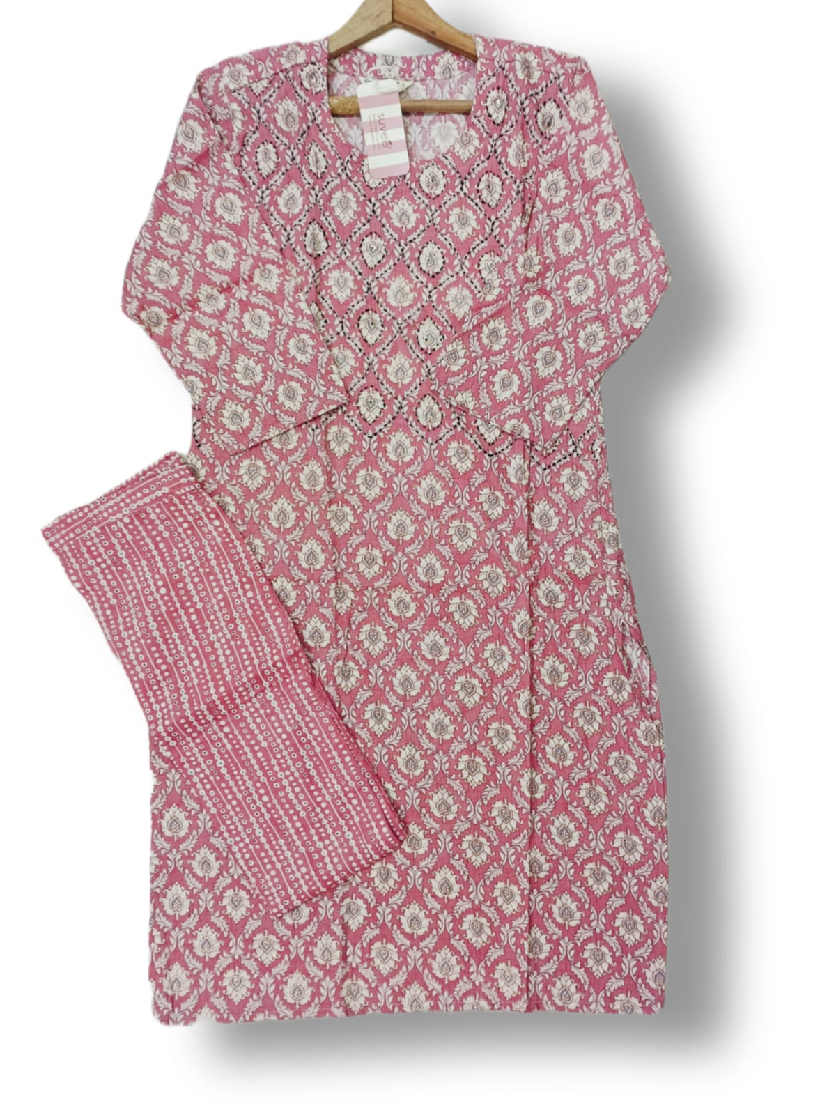 PRINTED COTTON HANDWORK KURTI PANT SET